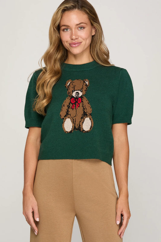 Green Short Sleeve Teddy Bear Sweater
