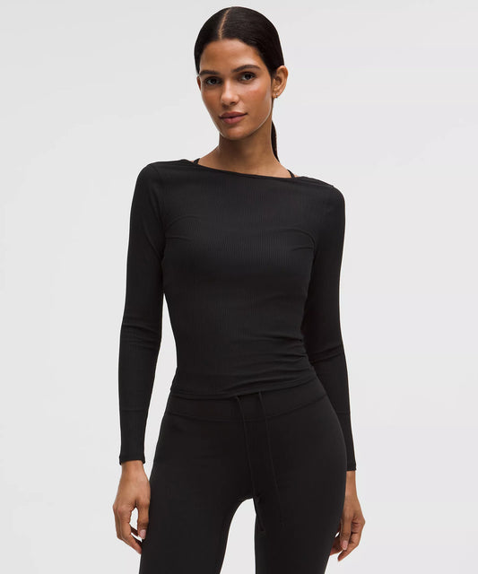 Ribbed Scoop-Back Yoga Long-Sleeve Shirt