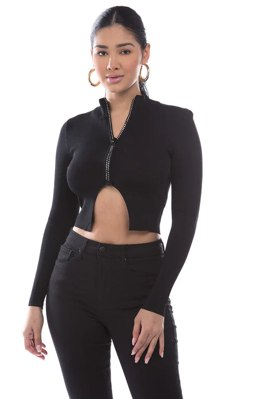 Knit Cropped Sweater With Zipper