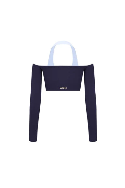 Off-Shoulder Colorblock Long Sleeve Crop  Top
