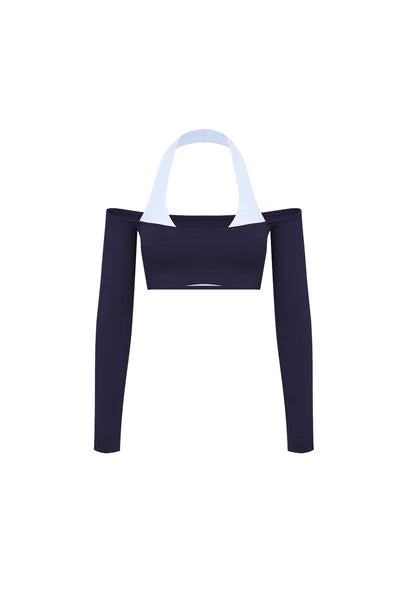 Off-Shoulder Colorblock Long Sleeve Crop  Top